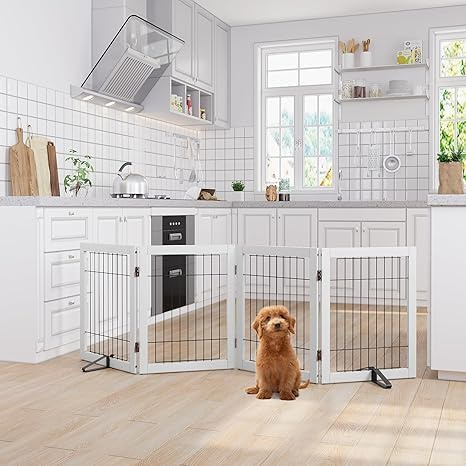 Semiocthome Freestanding Dog Gates and Barriers Indoor Pet Gates for Doorways and Stairs 24H- 4 Panels Puppy Gate with 2 Metals Stands Adjustable Safety Fence Wire Dog Gate with Bamboo Frame - White