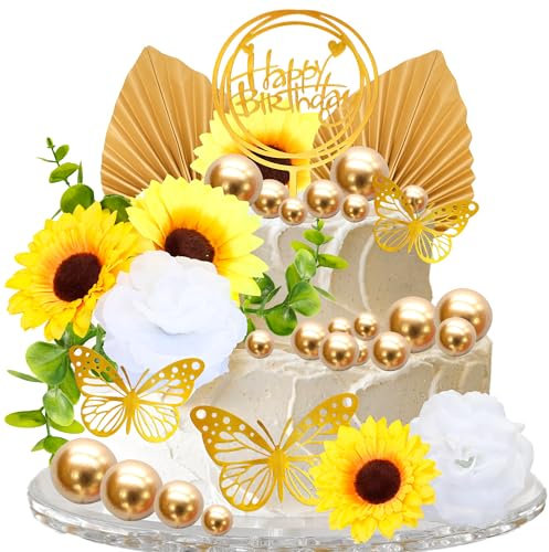 Gyufise 54Pcs Artificial Sunflower Cake Decorations Acrylic Happy Birthday Cake Topper Butterfly Balloon Cake Toppers for DIY Wedding Birthday Valentine's Day Party Supplies Yellow