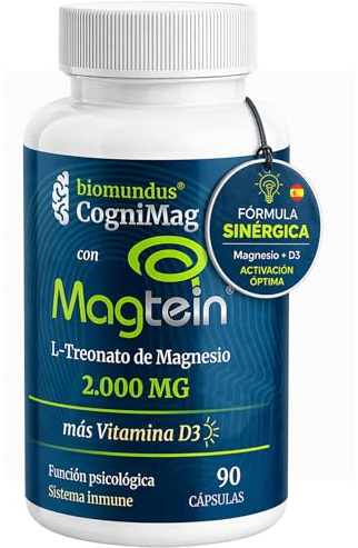 Magnésium L-Thréonate Magtein® 2000 mg biomundus + Vitamine D3 2000 UI par dose – Fonction cérébrale optimale, sommeil, mémoire, système immunitaire, muscles et os – 90 gélules