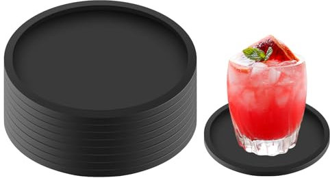 MOXYOY Black Coasters Set of 8 Round Silicone Drink Coasters. Non-Slip Cup Mats for Coffee, Beer, Wine Glasses, and Bottles. Perfect for Home & Bar Use (Black)