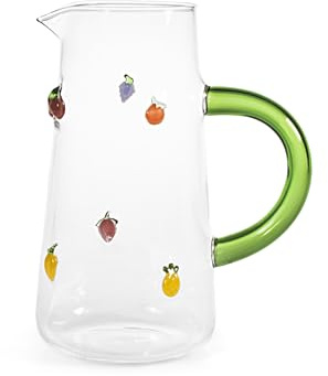 H&H, Caraffa in Vetro Borosilicato 1,6 L con Miniature Esterne Fruttate Assortite – Ciliegie, Fragola, Uva, Limone, Pesca, Ananas – Manico Verde – Lavabile in Lavastoviglie