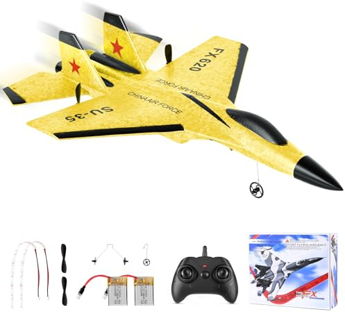 Jradse Avión RC 2,4 GHz, Avión de Control Remoto de 3 Ejes, Avión de Combate de Espuma 2 Canales con 2 Baterías y Luces LED, Fácil de Volar para Principiantes Niños Adultos, Amarillo