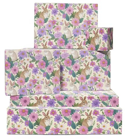 Papel de regalo de conejo, 6 hojas de papel de regalo para niños y niñas o baby shower, cumpleaños, Pascua, primavera, boda, bonitos conejos con flores pastel, color crema, viene con etiquetas Central