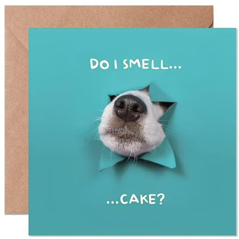 Funny Dog Birthday Card with Envelope - Do I Smell Cake? Humorous Themed Birthday Card for dog lovers, Cute Puppy Peeking Greeting Card for Mum, Dad, Friend, Blank Inside with Envelope