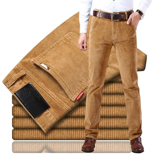 HESYSUAN Pantaloni da uomo in velluto a coste, pantaloni a pieghe dritti elasticizzati, vestibilità classica, pantaloni casual da lavoro, in cotone, senza pieghe, vestibilità aderente, cachi, 46