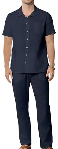 Focixfor Men's 2 Piece Vacation Outfits Short Sleeve Shirt Drawstring Pants Beach Set Tracksuits