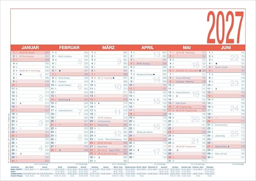 Arbeitstagekalender kaschiert A4 2027: Bürokalender groß 29x21 cm mit 6 Monaten pro Seite, 1,5mm Pappe kaschiert, Arbeitstage-, Tages- & Wochenzähler, Ferienübersicht, Feiertage für Büro