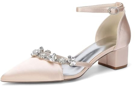 Scarpe da Sposa Donna Raso Tacco Basso a Blocco Punta Décolleté con Cinturino in Strass Cerimonia