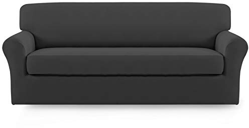 Easy-Going 2 Pieces Microfiber Stretch Sofa Slipcover – Spandex Soft Fitted Sofa Couch Cover, Washable Furniture Protector with Elastic Bottom Kids,Pet (Sofa, Dark Gray