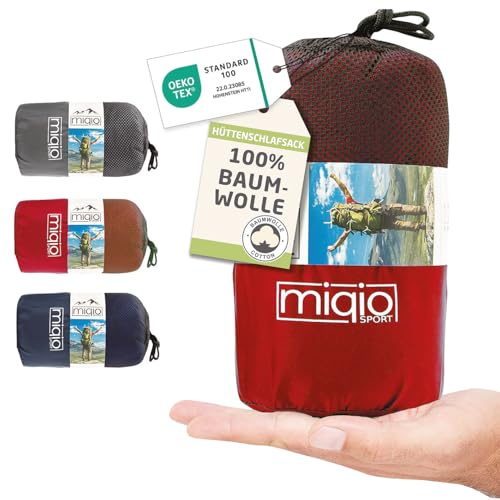Miqio sacco a pelo in Cotone, lenzuolo da viaggio 2 in 1, XL, con cerniera intera (accoppiabile), sacco a pelo da viaggio ultra piccolo e ultra leggero - ideale per backpacking e cabine