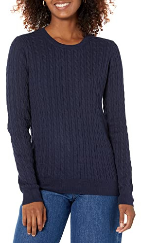 Amazon Essentials Women's Lightweight Cable-Knit Long-Sleeve Jumper, Navy, L