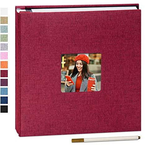 Yopih Self Adhesive Photo Album with Window, 40 Pages, 28x27cm, Red | Linen Cover, Photo Scrapbook, Metallic Pen, Photos 10X15 13X18 15X20 20X25 Cm, Wedding Baby Family