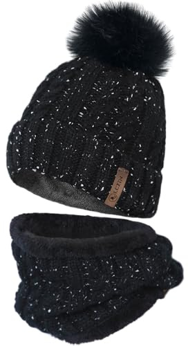 LCZTN Womens Pom Beanie Hat Scarf Set Girls Winter Ski Hat Slouchy Knit Cap with Fleece Lined (Black)