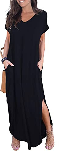 GRECERELLE Women Maxi Long Dress Summer Casual Beach Boho Short Sleeve V Neck Maxi Dresses with Pocket (Black, L)