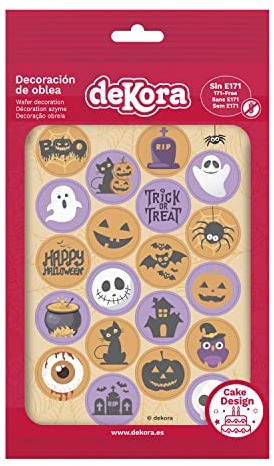 dekora - 20 Mini Disques en Azyme Comestibles Halloween | Décoration de Gâteaux et Cupcakes – Citrouilles, Crânes, Fantômes et Araignées