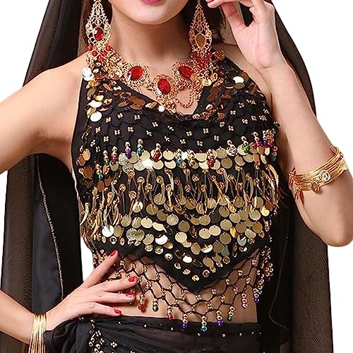 SamHeng Damen Neckholder-BH für Bauchtanz, rückenfrei, gepolstertes BH-Oberteil, Camisole, Neckholder, Bandage-Tanktop, Pailletten, Bauchtanz-Crop-Top für Festival, Party, Clubwear