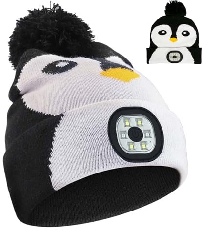 APODESS Kinder Mütze Mit LED Licht - USB Wiederaufladbare 4 LED Lampe Wintermütze - Warme Stirnlampe Strickmütze Leuchtmütze - Geschenkideen Weihnachten für Jungen Mädchen