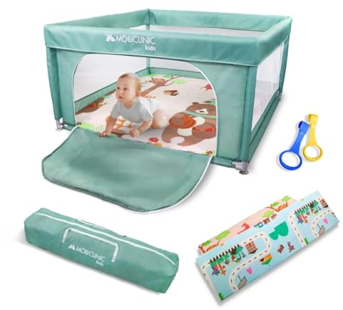 Mobiclinic®kids, Parque infantil bebe + alfombra de juegos reversible, Plegable, 125x125cm, Bolsa transporte, Transpirable, Happyland, Tejido lavable, Agarraderas, Corralito bebé, Entrada lateral