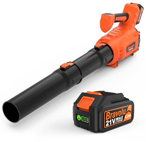 Souffleur de Feuilles sans Fil, 5200 mAh avec Chargeur, Souffleur Feuilles Mortes Vitesse Max 305 km/h, Moteur sans balais Puissant, Réglage à 5 Vitesses et Mode Turbo