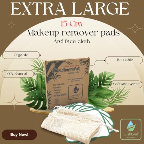 LushLeaf Extra Large Organic Reusable Makeup Remover Pads - Eco-Friendly, Soft, Sustainable Face Cloths