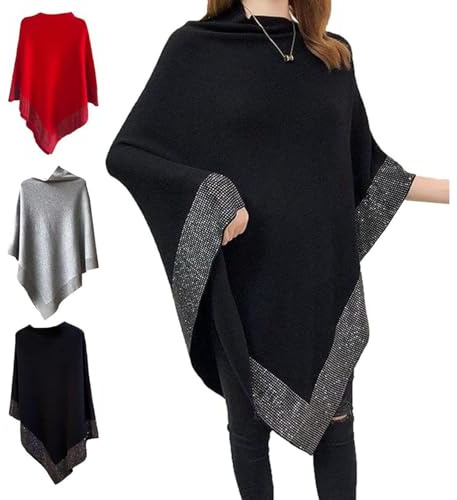 Scialle di lana da donna lucido, scialle irregolare con strass, elegante poncho scialle lavorato a maglia (Black,one_size)
