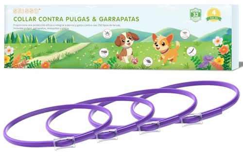SEISSO 4 Collares Anitparasitarios para Gatos, Set de 4 Collar contra Pulgas y Garrapatas con 24-32 Meses de Protección, Collares Antipaulgas para Perros Pequeños y Gatos, 34.5cm, Morado