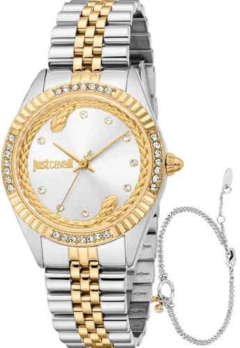 Just Cavalli Damenuhr Analog Quarz mit Edelstahlarmband JC1L361M0075, Silber/schwarz, Mode