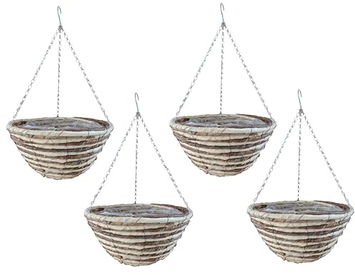 Quickdraw 4 x Rope Hanging Baskets 14” – Round Outdoor Planters with Liner & Chains – Weather Resistant Flower Pots for Garden Plants & Flowers