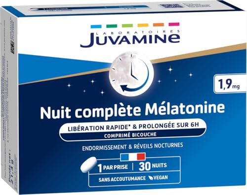JUVAMINE - Nuit Complète Mélatonine - 1,9 mg de Mélatonine - Endormissement - Réveils Nocturnes - Programme 1 mois - 30 comprimés bicouche - Fabriqué en France