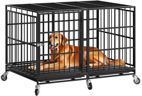 Snuowu 48 Inch Heavy Duty Dog Crate with Wheels，Indestructible Escape-Proof Dog Cage for Large Dogs, Extra Large XL XXL Indestructible Dog Crate with Removable Tray.