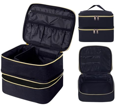 TANPADUAJI Double Layer Makeup Bag Portable Large Cosmetic Case Organizer with Adjustable Dividers Storage Travel Bag for Accessories Brushes Conditioner and Skin Care Products (Black)