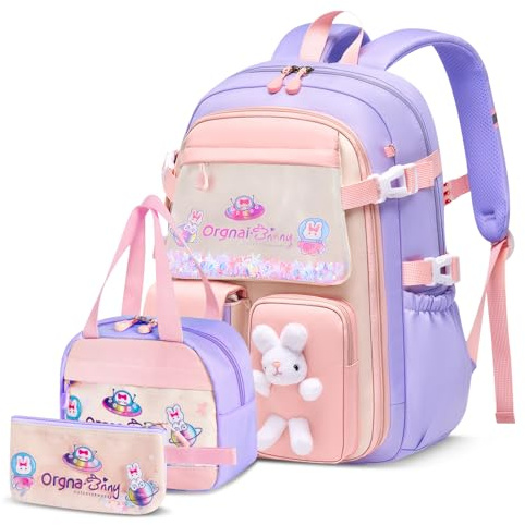 Tanou Skolväska flicka ryggsäck barn, 3-delad skolväskor med lunchpaket, pennfodral, Kawaii kylskåpsstil skolryggsäck för flickor 1:a till 5. Klass, lila, 32x15x44 cm