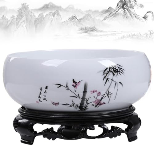 Lotus Bowls for Planting in Water Indoors with Stand, Chinese Ink Painting Ceramic Lotus Bowl Planter, Large Caliber Flow Glaze Non-Porous Hydroponic Container for Office Garden Indoor Decor (Style A)