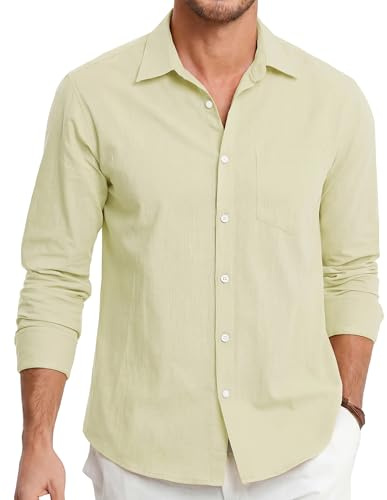HISDERN Chemise en lin pour homme - Jaune Clair, XL - Manches longues, Col boutonné, Poignet réglable, Poche droite, Coupe droite, Respirable, Séchage rapide, Durable, Sans ride