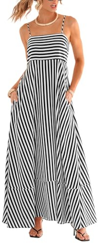 CUPSHE Women's Maxi Dress Sleeveless Spaghetti Strap Flowy Summer Casual Striped Dress with Pockets | Adjustable Spaghetti Straps, Smocked Shirred Back, High Waist A-Line, Casual Summer Beach Vacation Resort Long Sundress