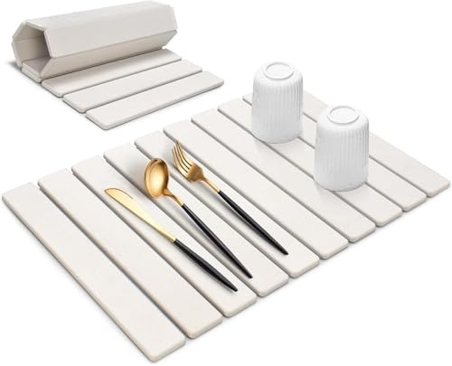 Alfombrilla de Secado de Piedra Diatomita para Cocina – Tapete Absorbente Plegable Antideslizante, Alfombra de Secado Ultrabsorbente para Platos, Vasos, Alfombra Encimera Grande 59×39 cm