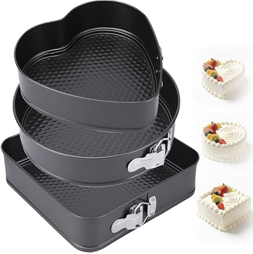 YiZhou Springform Cake Tin Set of 3, Non-Stick Cheesecake Pan with Removable Bottom - 20cm Heart, 22cm Round, 24cm Square Baking Tins for Cake, Bread, Pizza,Loose Base Baking Tray