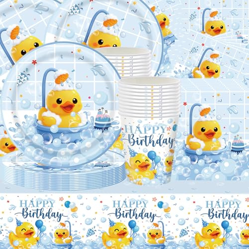 Shamoparty Juego de vajilla para fiestas con patitos amarillos de 61 piezas, fiesta de cumpleaños en la piscina en verano, mantel, vasos de papel, servilletas, platos de papel, apto para 20 invitados