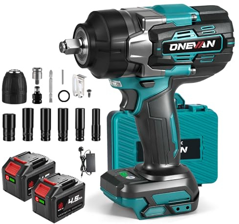 ONEVAN 1/2 Cordless Impact Wrench 1700N·m, Brushless, 3 Forward/2 Reverse | Reverse Auto-Stop Safer Bolt Removal, 6 Sockets, 2×4.5Ah Battery Up to 60 Min Runtime, for Truck, Car, Machinery Repair