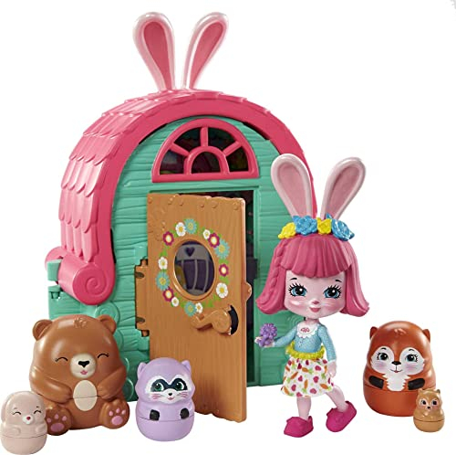 Enchantimals GTM47 - Secret Besties Bree Bunnys Hütte (15 cm) mit 1 Puppe (9 cm), 5 Tierfiguren und 1 Futter-Zubehörteil, aus der Harvest-Hills-Sammlung, tolles Geschenk für Kinder ab 3 Jahren