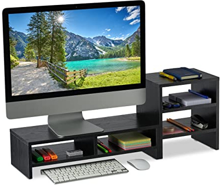 Relaxdays Supporto per Monitor con Ripiani Organizer, 2 Parti, Base Rialzata per PC da Scrivania, Casa e Ufficio, Nero