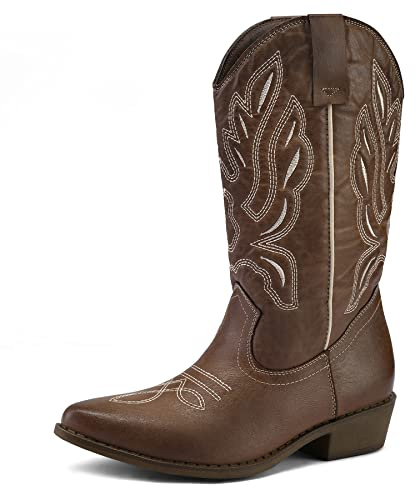 mysoft Cowboy Boots for Women Mid Calf Chunky Heel Cowgirl Boots