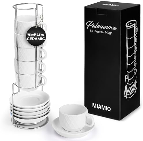 MIAMIO - 6 x 75 ml Stoneware Espresso Mug, Cup Set Modern with Stand and Saucers - Palmanova Collection (White)