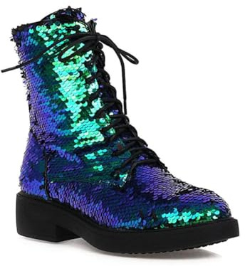 Botas Combate con Lentejuelas Brillantes y Elegantes para Mujer,Botines con Cordones tacón bajo y Grueso cómodos,Botines Punta Redonda para Fiesta Boda,Verde,40 EU
