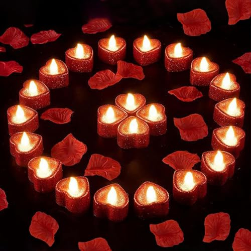 Lot de 24 bougies LED romantiques en forme de cœur - Décorations romantiques - Décoration de Saint-Valentin - Sans flamme - Pour la table de mariage et la Saint-Valentin
