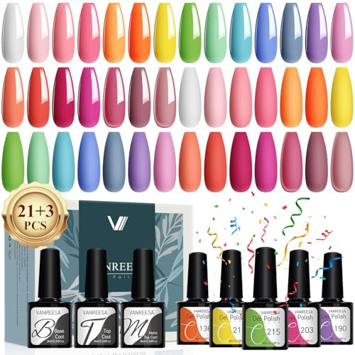 VANREESA U V Nagellack Set, 21 Farben Gel Nagellack Set Rosa Rot Orange Gelnägel Starterset mit Überlack und Unterlack Geschenk Für Frauen