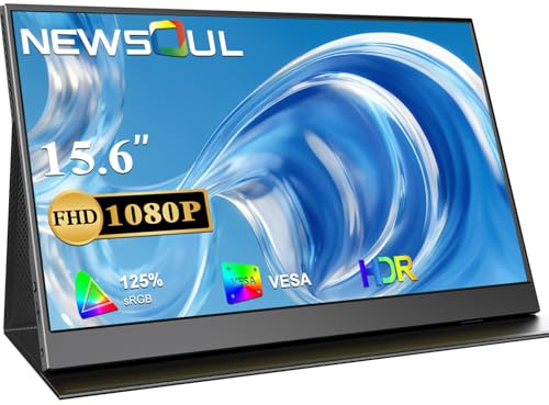 Newsoul Portable Monitor, 15.6 FHD 2000:1 125% sRGB Dual Speakers Laptop Monitor with VESA & Smart Case, Mini HDMI & USB-C, Travel Second Screen for Computer, Phone, Mini PC, Game Consoles
