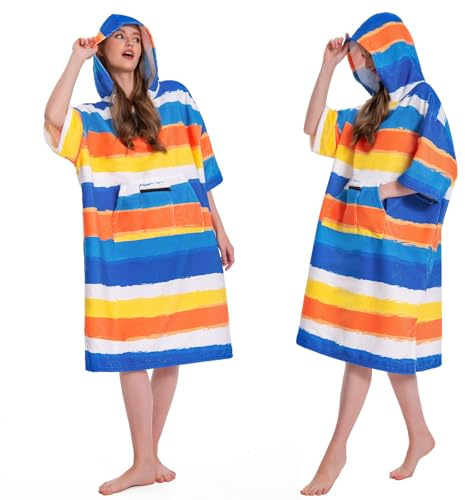 OLAOLA Surf Poncho per Adulti, Asciugamano da Bagno con Cappuccio e Tasca, Morbido Cambio Accappatoio Spiaggia, Asciugatura Rapida Asciugamani Poncho per Donne e Uomini (Righe)