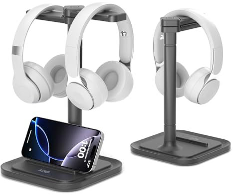 KDD Doble Soporte Auriculares de Sobremesa - Soporte Cascos Gaming Giratorio con Soporte para Teléfono - Base Antideslizante Extraíble Accesorios Escritorio para Oficinas y Sala de Juegos
