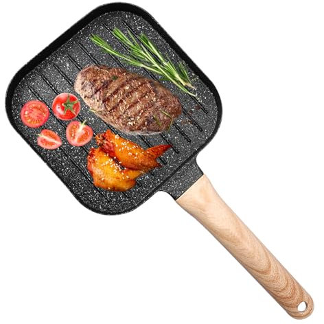Eyoulife Sartén parrilla cuadrada 36,5 x 18 cm, parrilla de inducción con revestimiento antiadherente, mango de madera maciza, sartén para carne de aleación de aluminio, resistente, duradera, para